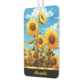 Heldere zonnebloemen bloeien onder een helderblauw luchtverfrisser (Links)