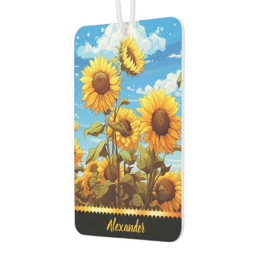 Heldere zonnebloemen bloeien onder een helderblauw luchtverfrisser (Links)