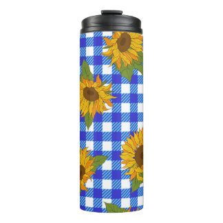 Heldere zonnebloemen op een ingecheckte achtergron thermosbeker