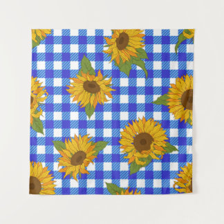 Heldere zonnebloemen op een ingecheckte achtergron wandkleed