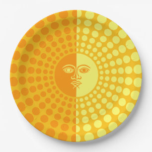 Heldere Zonneschijn Geel en Oranje Zon met Gezicht Papieren Bordje