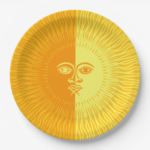 Heldere Zonneschijn Geel en Oranje Zon met Gezicht Papieren Bordje