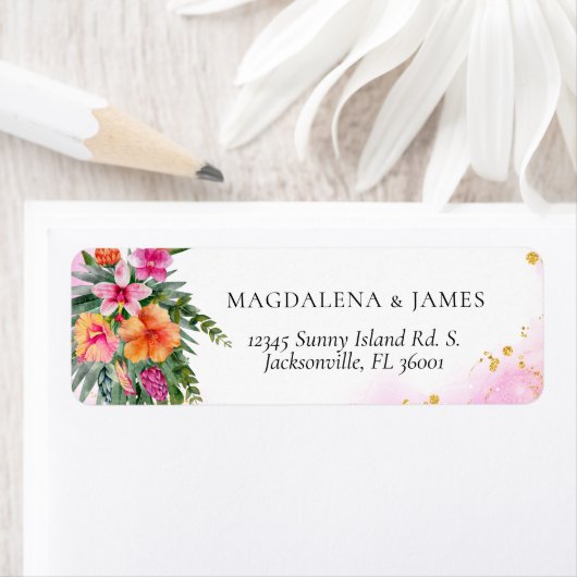 Helderend roze Oranje tropisch eiland Floral Etiket (Insitu)