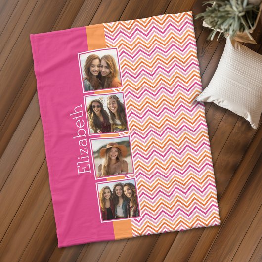 Helderfotocollage Hot Pink Oranje Chevrons Fleece Deken