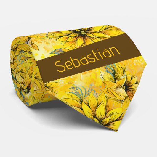 Heldergeel bloemmonogram stropdas (Opgerold)