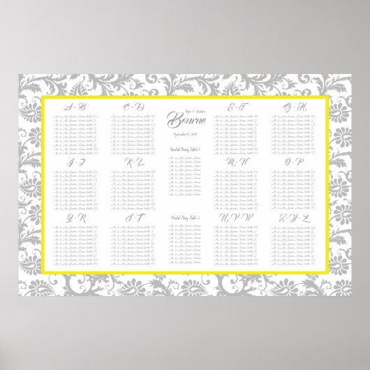 Heldergeel en grijs Zitplaatskaart Alfabetisch Poster (Voorkant)