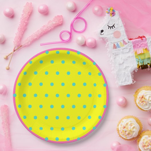 Heldergeel roze blauwe polka stippen papieren bordje (Feest)