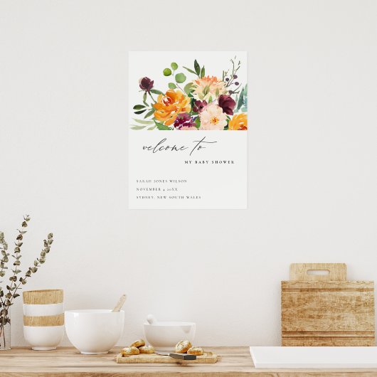 Heldergeel Sinaasappel Bloemen Baby shower Welkom Poster (Keuken)