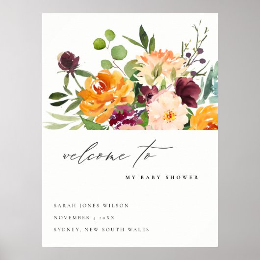 Heldergeel Sinaasappel Bloemen Baby shower Welkom Poster (Voorkant)