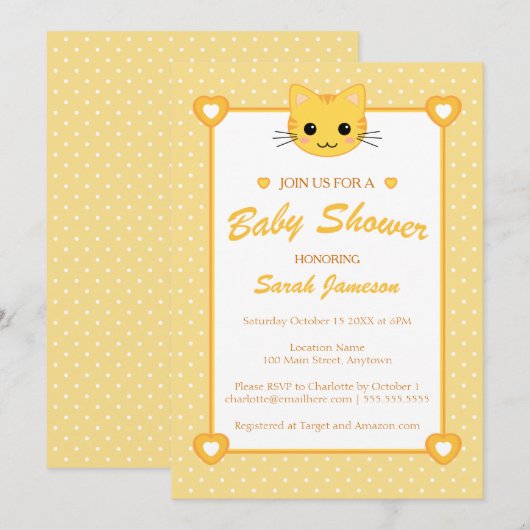 Heldergeel Sinaasappel Neutraal Schattige Cat Baby Kaart (Voorkant / Achterkant)