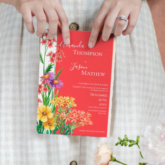 Heldergeel Sinaasappel Paarse Wildflower bruiloft Magnetische Uitnodiging
