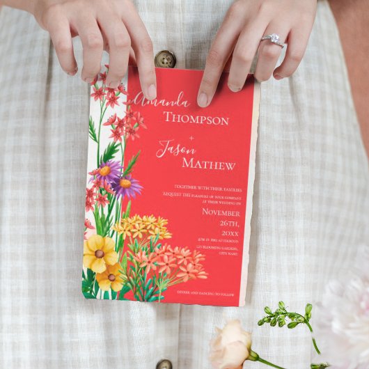 Heldergeel Sinaasappel Paarse Wildflower bruiloft Magnetische Uitnodiging