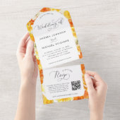 Heldergeel Sinaasappel Zomer Bloemen QR Code Bruil All In One Uitnodiging (Afscheurbaar)