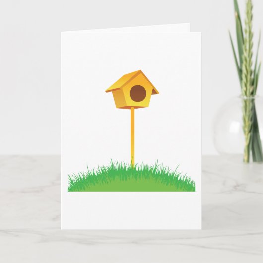 Heldergeel vogelhuis op gras kaart (Voorkant)