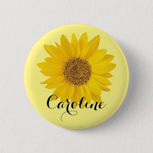 Heldergeel zonnebloem met aangepaste naam ronde button 5,7 cm (Voorkant)