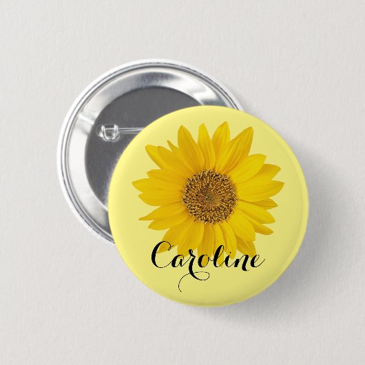 Heldergeel zonnebloem met aangepaste naam ronde button 5,7 cm (Voorkant /achterkant)