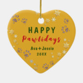 Heldergele aangepaste hond foto Happy Pawholidays Keramisch Ornament (Achterkant)