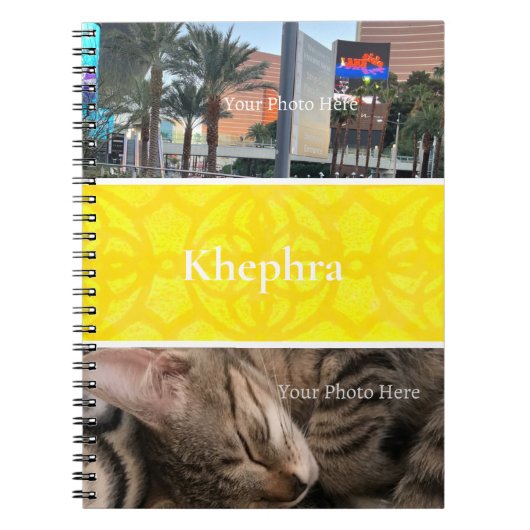 Heldergele Batik fotocollage, rand, naam Notitieboek (Voorkant)