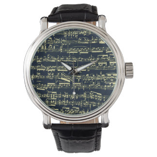 Heldergele Beethovenbladmuziek op blauw Horloge