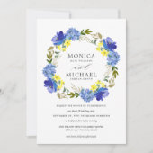 Heldergele blauwe bloemen met een bruiloft kaart (Voorkant)