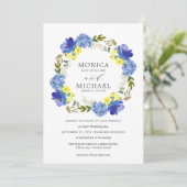 Heldergele blauwe bloemen met een bruiloft kaart (Staand voorkant)