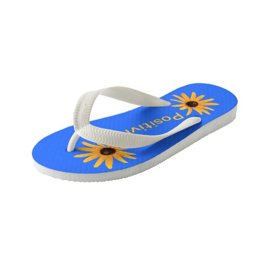 Heldergele bloemen op blauw optimisme positiviteit kinder teenslippers (Schuin)