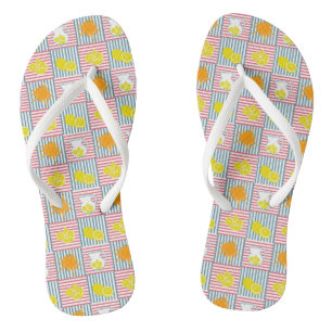 Heldergele citroenen, oranje zon, zomerknalen teenslippers