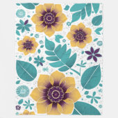 Heldergele en Blauwgroen bloemen op witte achtergr Fleece Deken (Voorkant)