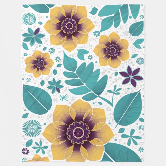 Heldergele en Blauwgroen bloemen op witte achtergr Fleece Deken (Voorkant)