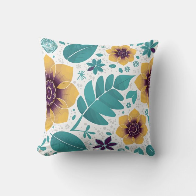 Heldergele en Blauwgroen bloemen op witte achtergr Kussen (Voorkant)