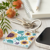 Heldergele en Blauwgroen bloemen op witte achtergr Sleutelhanger (Voorkant Rechts)