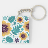 Heldergele en Blauwgroen bloemen op witte achtergr Sleutelhanger (Achterkant)