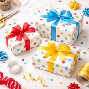 Heldergele groene blauwe en rode pokadots cadeaupapier