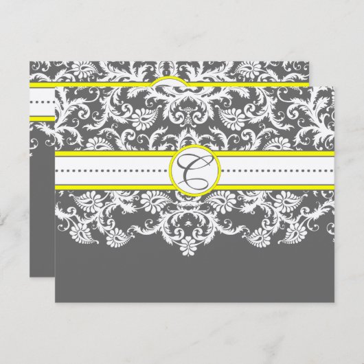 Heldergele houtskool grijs damast receptie Kaart (Voorkant / Achterkant)
