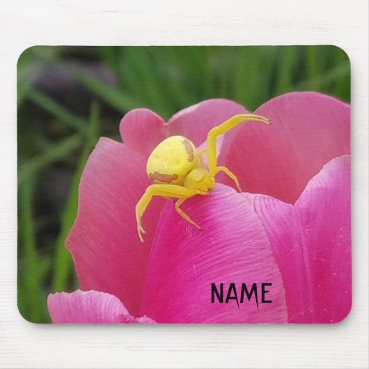 Heldergele Krab Spider Roze Tulp Jouw naam Muismat (Voorkant)