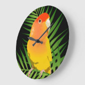 Heldergele Lovebird Parrot Green Leaves Black Grote Klok (Hoek)