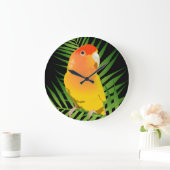 Heldergele Lovebird Parrot Green Leaves Black Grote Klok (Huis)