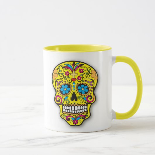 Heldergele Mexicaanse suikerschedel Dag van de doo Mok (Rechts)