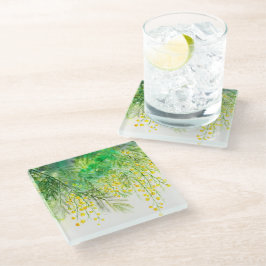 Heldergele Mimosa Waterverf Bloemenschilderij Glazen Onderzetter