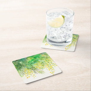 Heldergele Mimosa Waterverf Bloemenschilderij Kartonnen Onderzetters