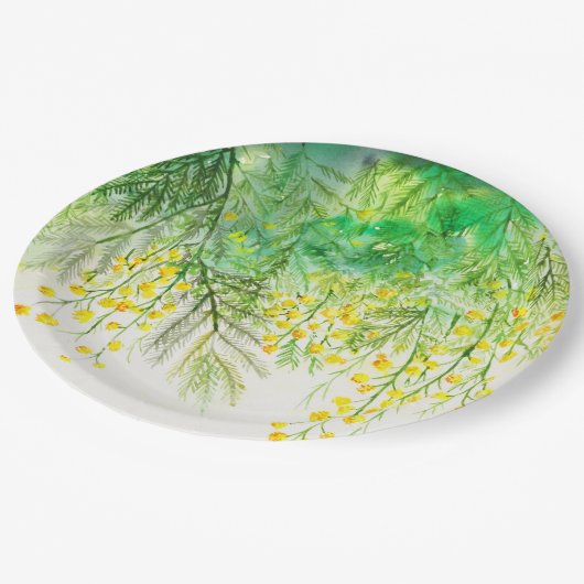 Heldergele Mimosa Waterverf Bloemenschilderij Papieren Bordje (Gekanteld)