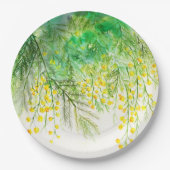 Heldergele Mimosa Waterverf Bloemenschilderij Papieren Bordje (Voorkant)