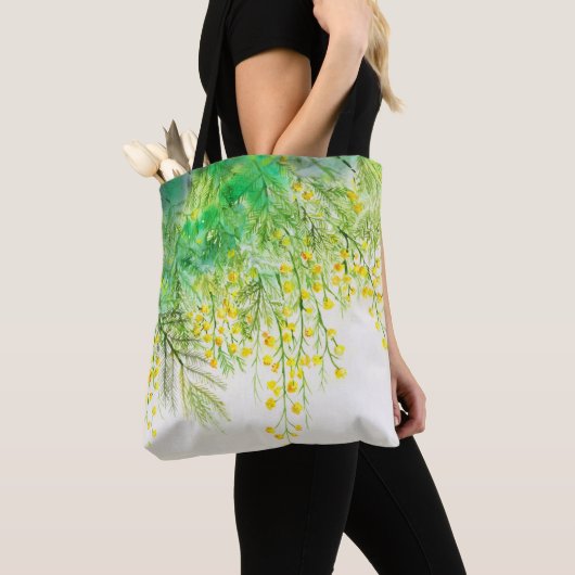Heldergele Mimosa Waterverf Bloemenschilderij Tote Bag (Dichtbij)
