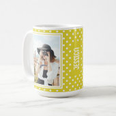 Heldergele Polka Dot Custom 2 foto en naam Koffiemok (Voorkant links)