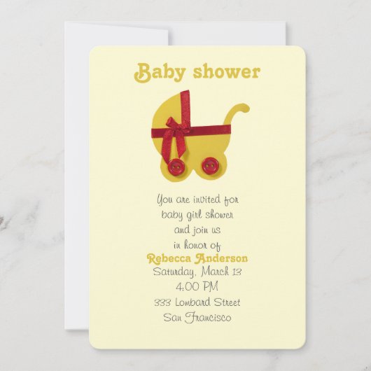 Heldergele, rode baby stroller voor baby shower kaart (Voorkant)