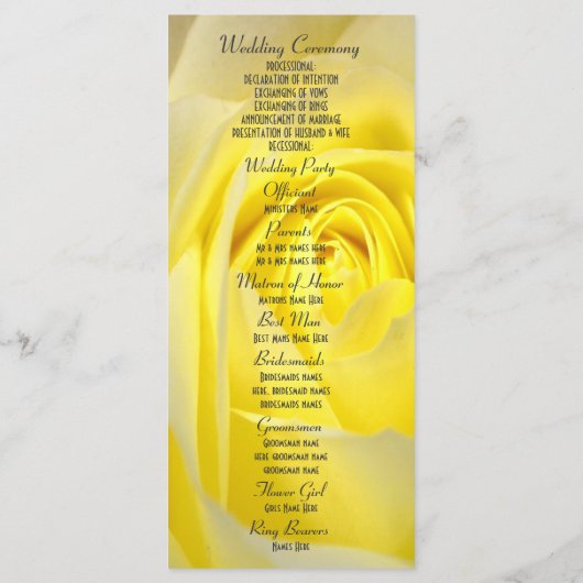 Heldergele roos bloemenkerk huwelijksprogramma programmakaart (Achterkant)