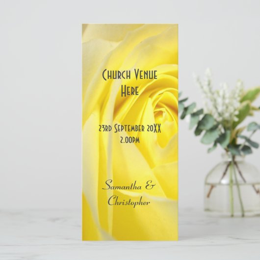 Heldergele roos bloemenkerk huwelijksprogramma programmakaart (Staand voorkant)
