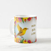 Heldergele vogels in een levendig Lijst Koffiemok (Voorkant links)