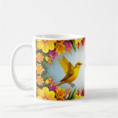 Heldergele vogels in een levendig Lijst Koffiemok (Links)