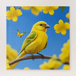 Heldergele zangvogel neergestreken op een tak legpuzzel